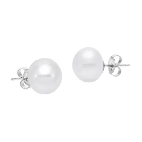 14K White Gold 9.5-10MM Button Freshwater Pearl Earrings