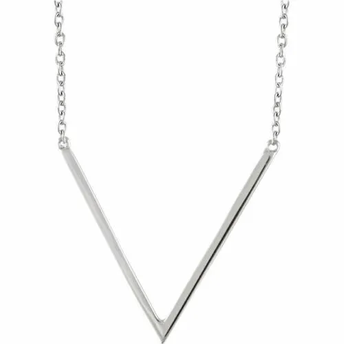 14KT White Gold Polished "V" Geometric Pendant Chain Necklace