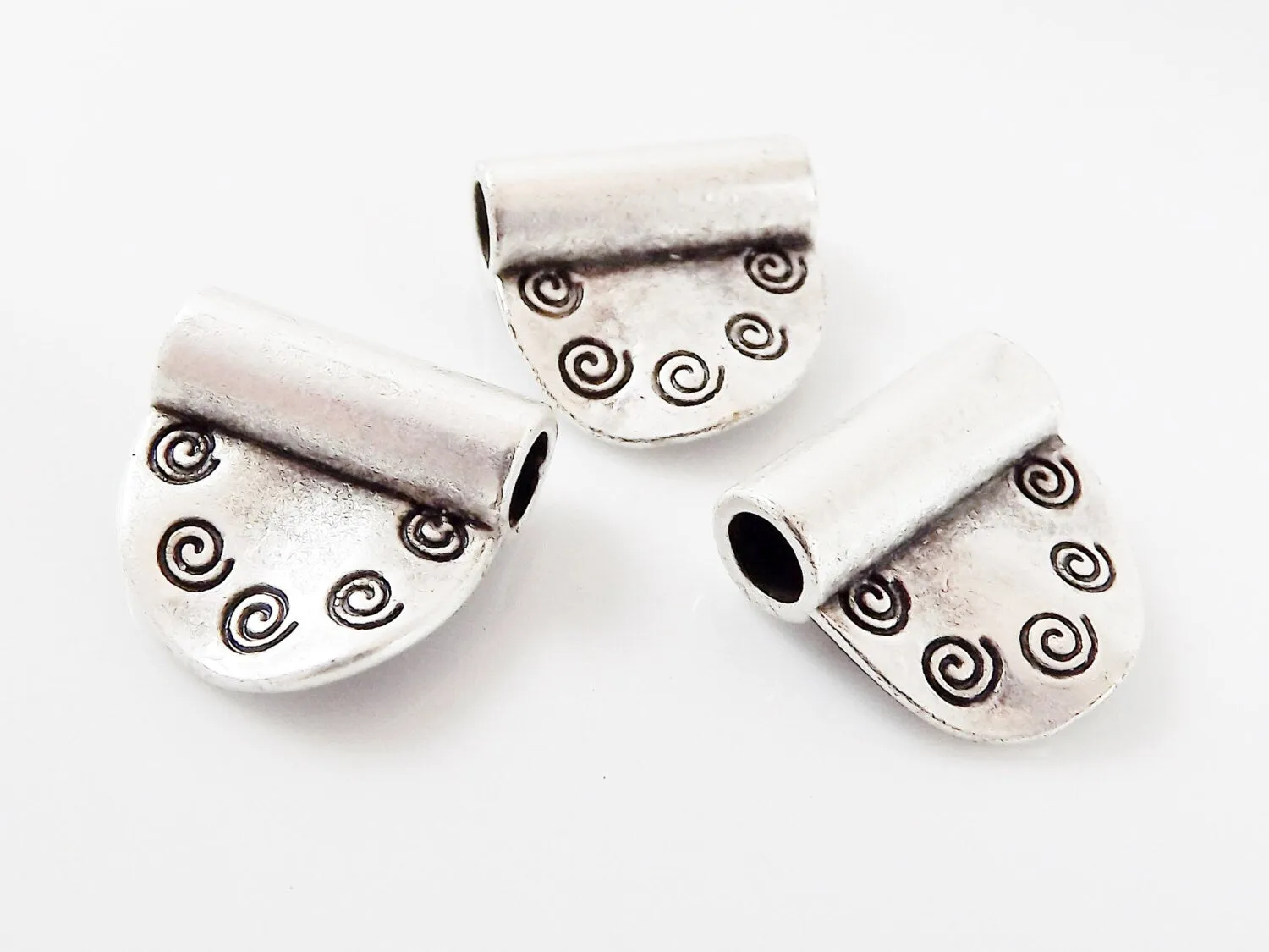 3 Ethnic Spiral Semi Circle Spacer Bead Pendants - Matte Antique Silver Plated