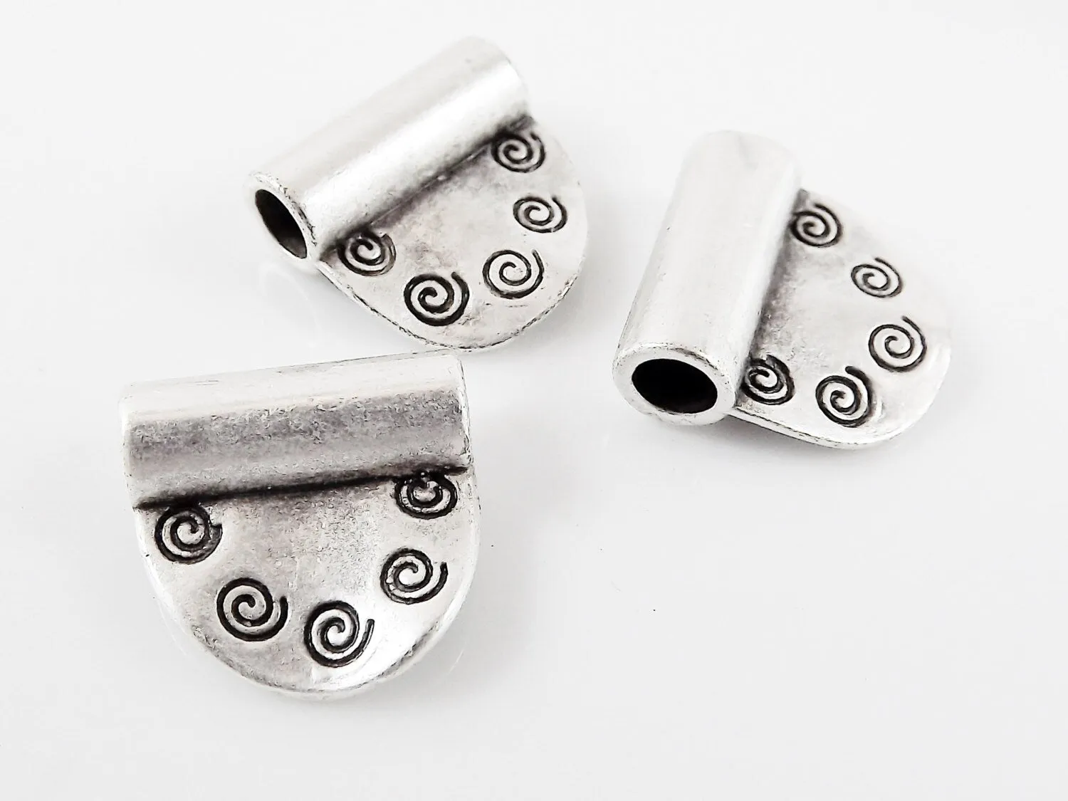 3 Ethnic Spiral Semi Circle Spacer Bead Pendants - Matte Antique Silver Plated