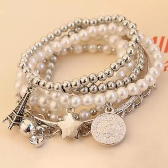 6-Piece: Multi Layer Pearl Bracelet Set