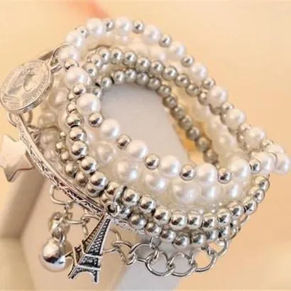 6-Piece: Multi Layer Pearl Bracelet Set