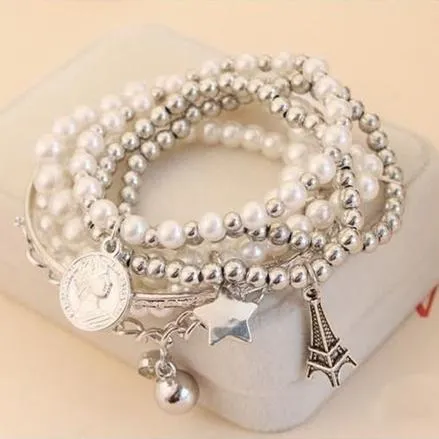 6-Piece: Multi Layer Pearl Bracelet Set