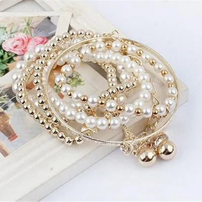 6-Piece: Multi Layer Pearl Bracelet Set