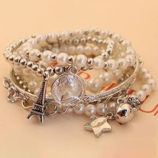 6-Piece: Multi Layer Pearl Bracelet Set