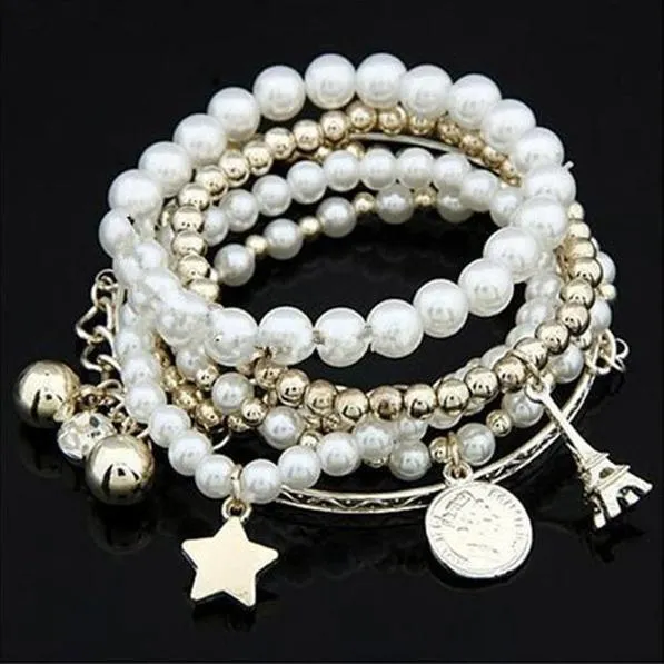 6-Piece: Multi Layer Pearl Bracelet Set