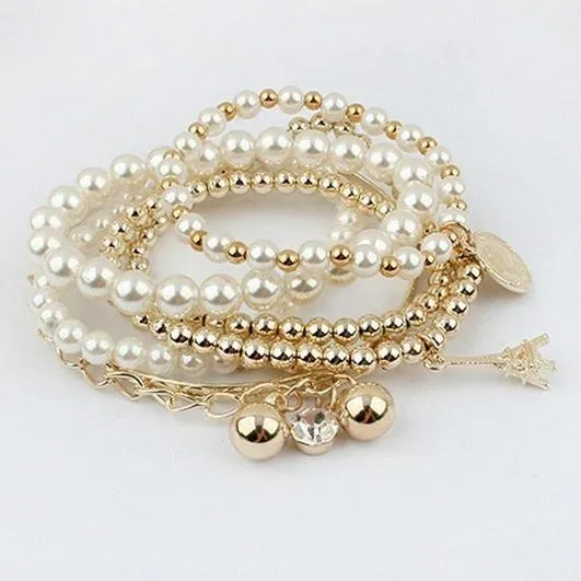 6-Piece: Multi Layer Pearl Bracelet Set