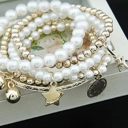 6-Piece: Multi Layer Pearl Bracelet Set