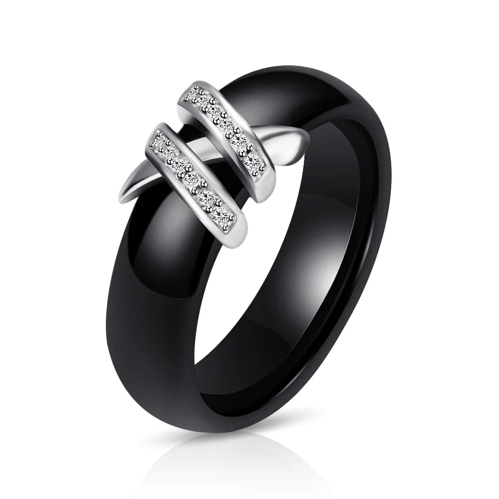 6mm High Quality Black And White Simple Style Two Line Crystal Ziron Ceramic Rings