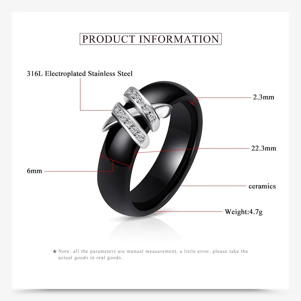 6mm High Quality Black And White Simple Style Two Line Crystal Ziron Ceramic Rings