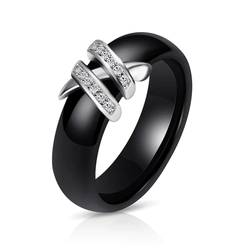 6mm High Quality Black And White Simple Style Two Line Crystal Ziron Ceramic Rings
