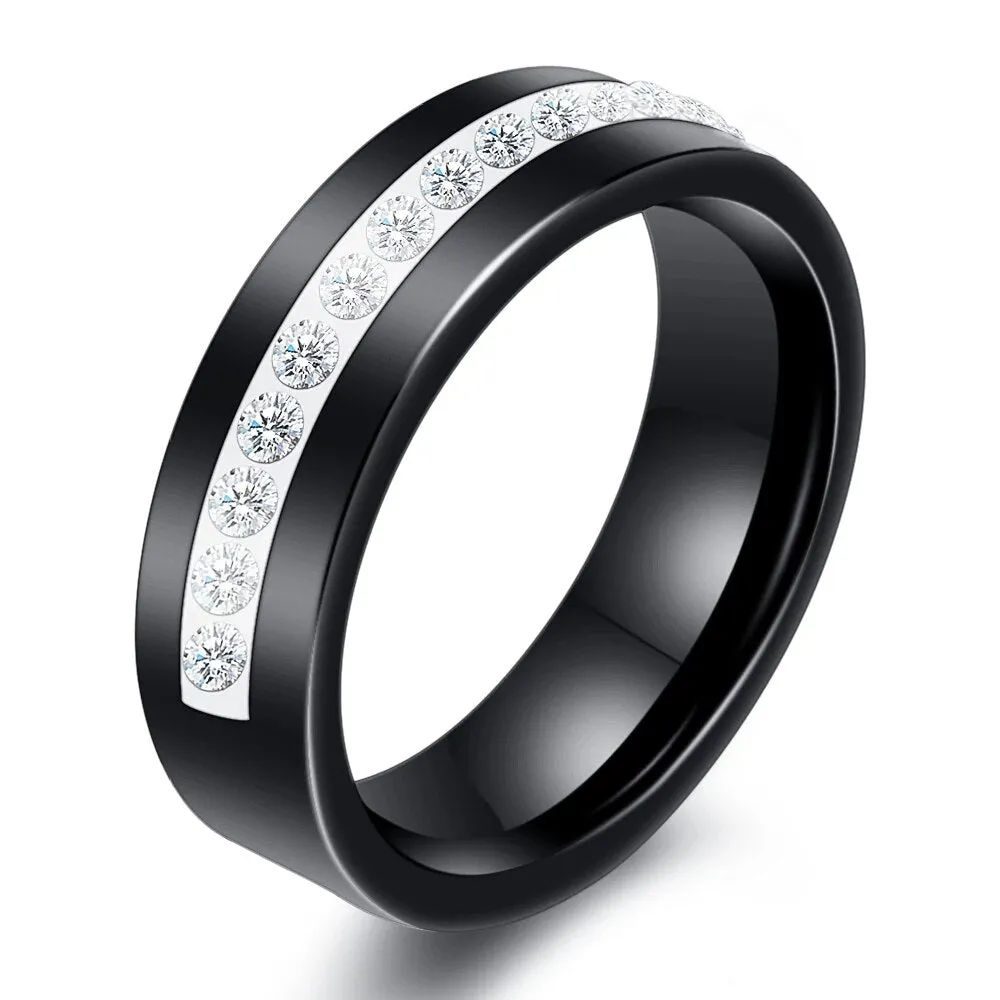 6mm High Quality Black And White Simple Style Two Line Crystal Ziron Ceramic Rings