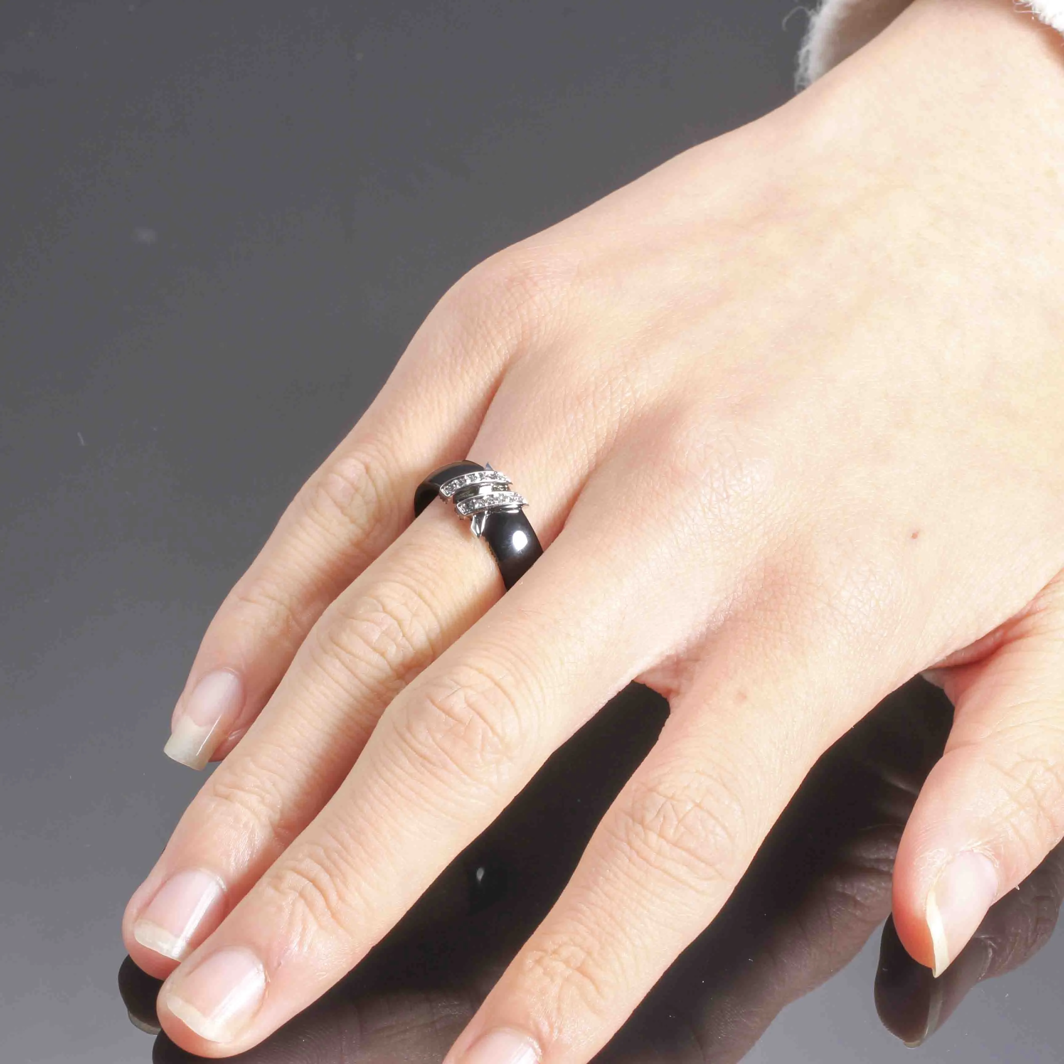 6mm High Quality Black And White Simple Style Two Line Crystal Ziron Ceramic Rings