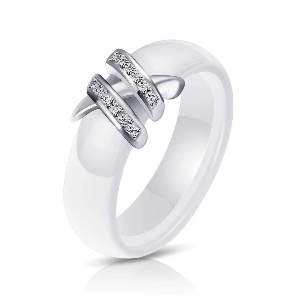 6mm High Quality Black And White Simple Style Two Line Crystal Ziron Ceramic Rings