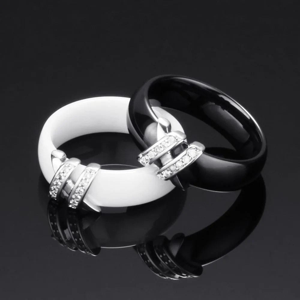 6mm High Quality Black And White Simple Style Two Line Crystal Ziron Ceramic Rings