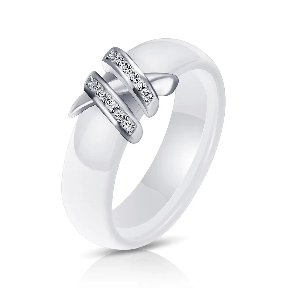 6mm High Quality Black And White Simple Style Two Line Crystal Ziron Ceramic Rings
