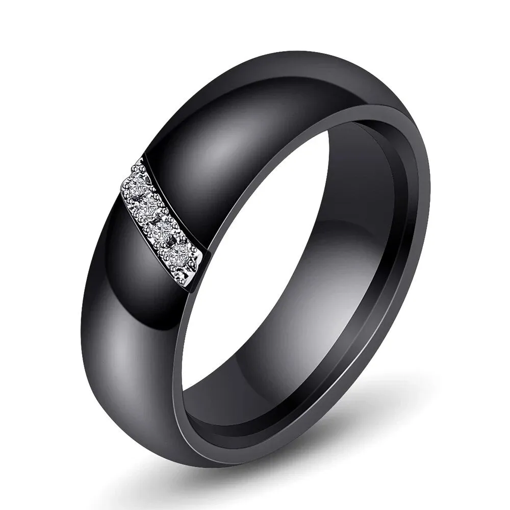 6mm High Quality Black And White Simple Style Two Line Crystal Ziron Ceramic Rings