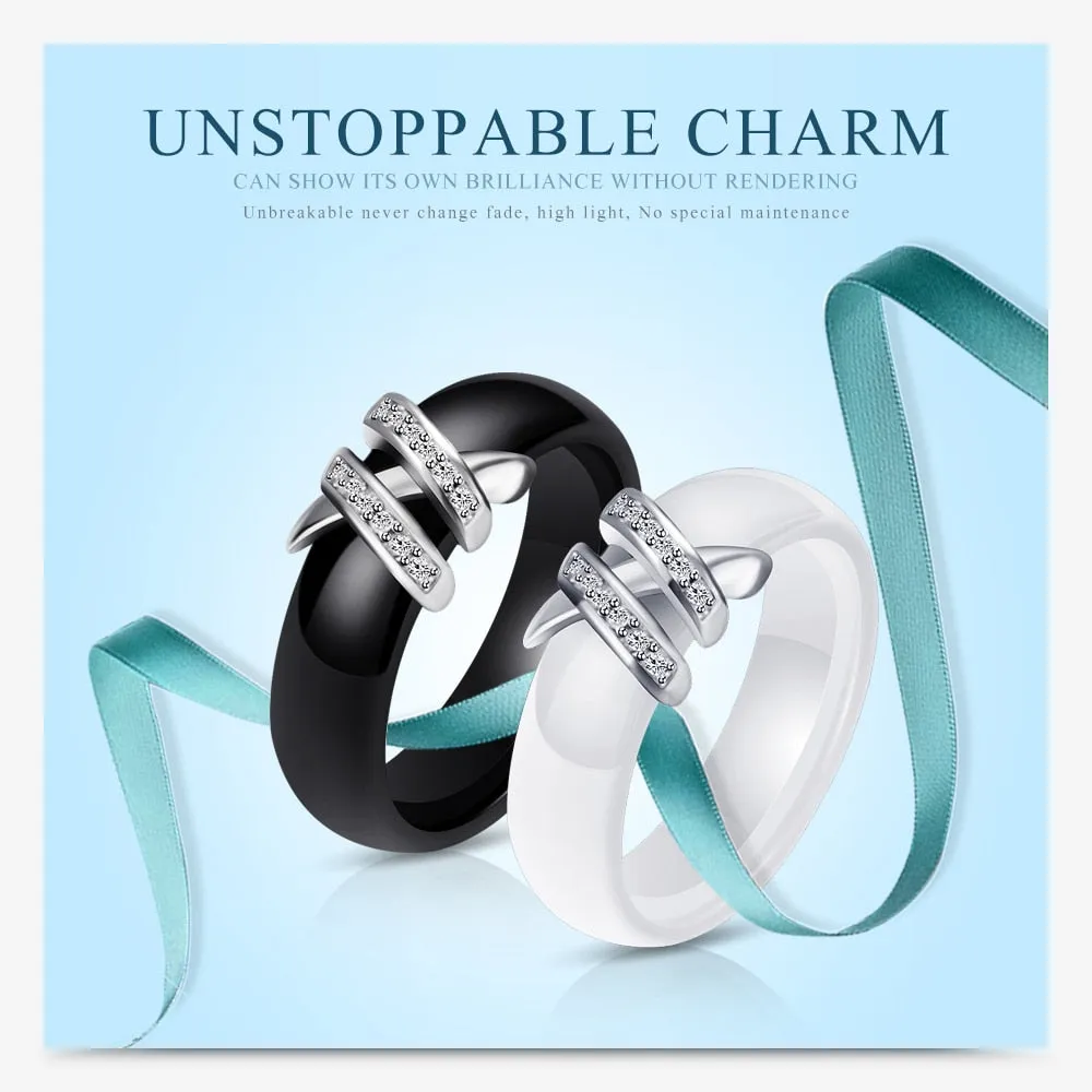 6mm High Quality Black And White Simple Style Two Line Crystal Ziron Ceramic Rings