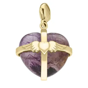 9ct Yellow Gold Blue John Large Winged Cross Heart Charm