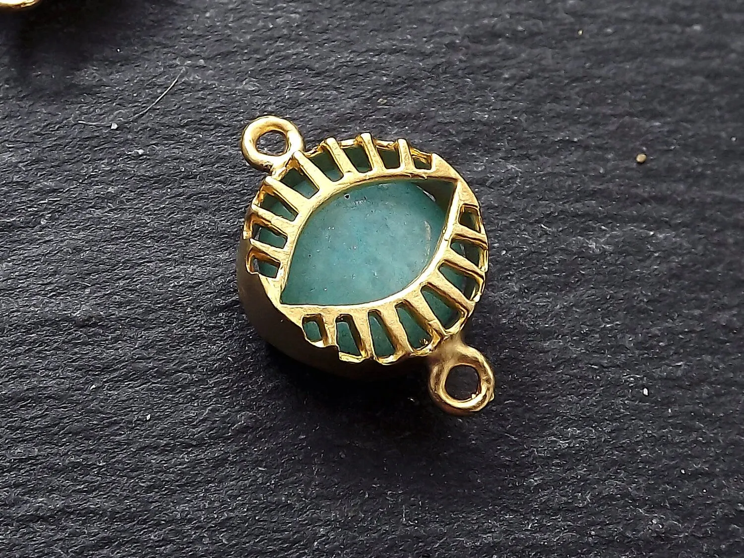 Aqua Evil Eye Charm, Evil Eye Connector, Jade Stone, Caged Evil Eye, Lucky, Protective, Turkish Evil Eye, Nazar, LIGHT AQUA, 22k Matte Gold