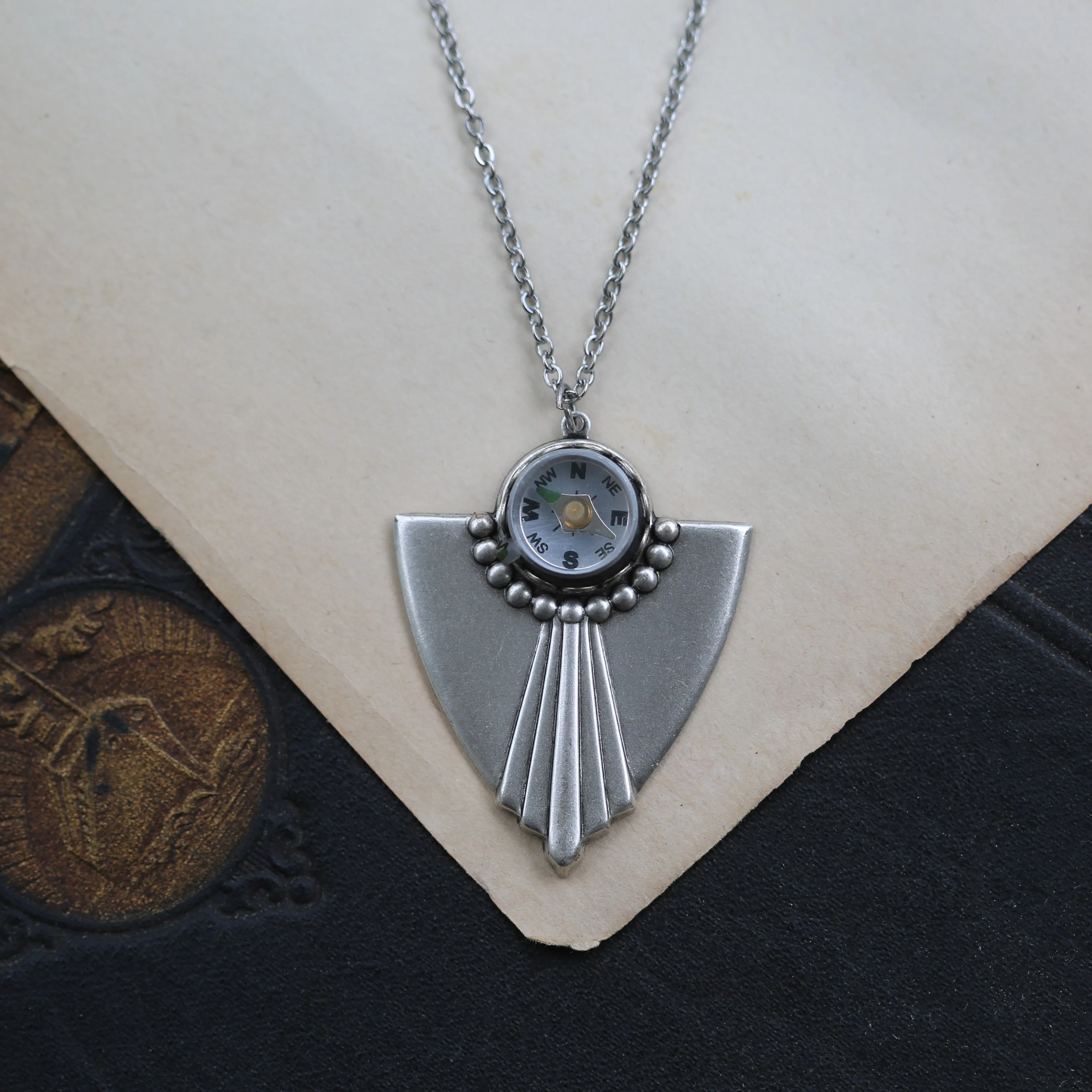 Art Deco Working Compass Necklace in Antiqued Silver