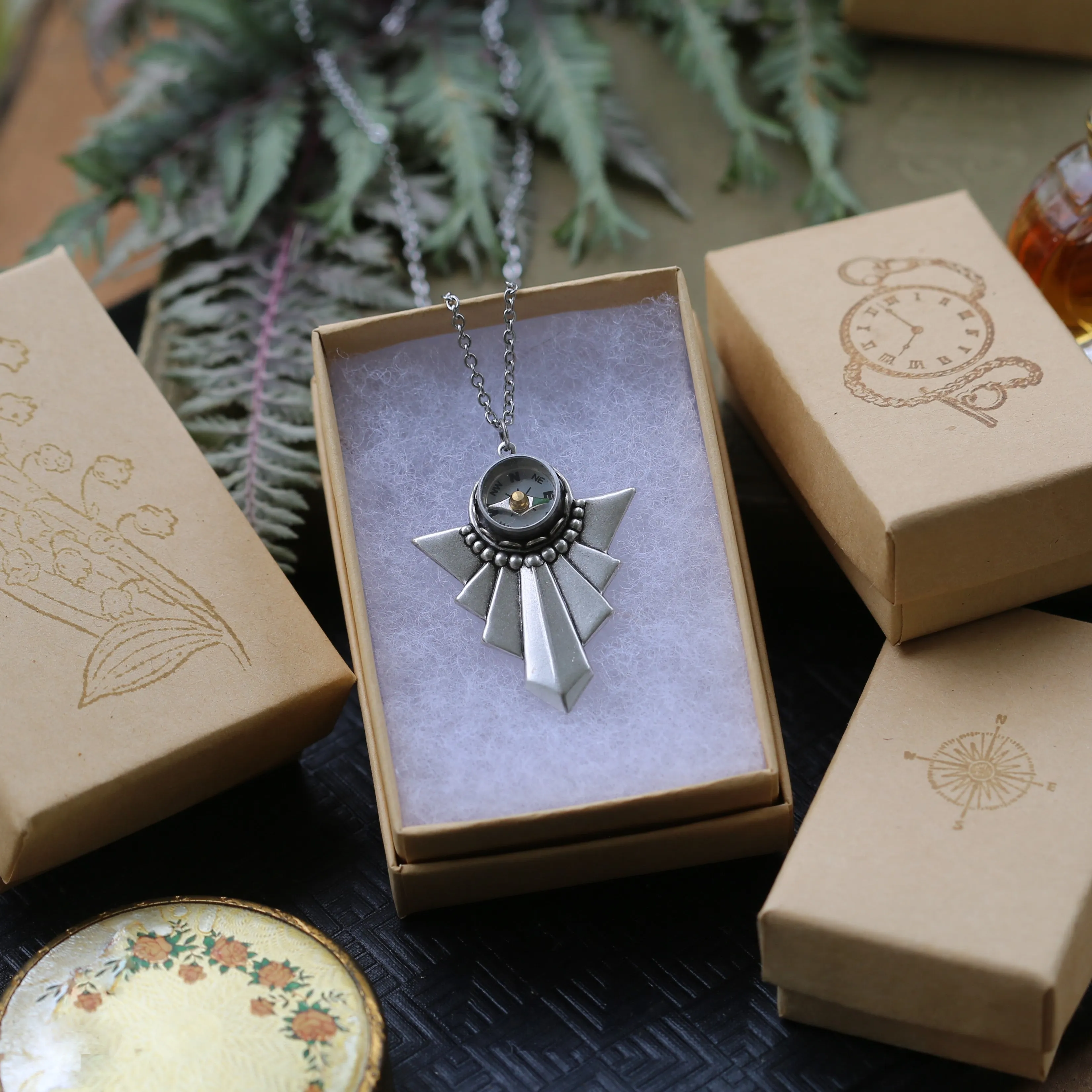 Art Deco Working Compass Necklace in Antiqued Silver