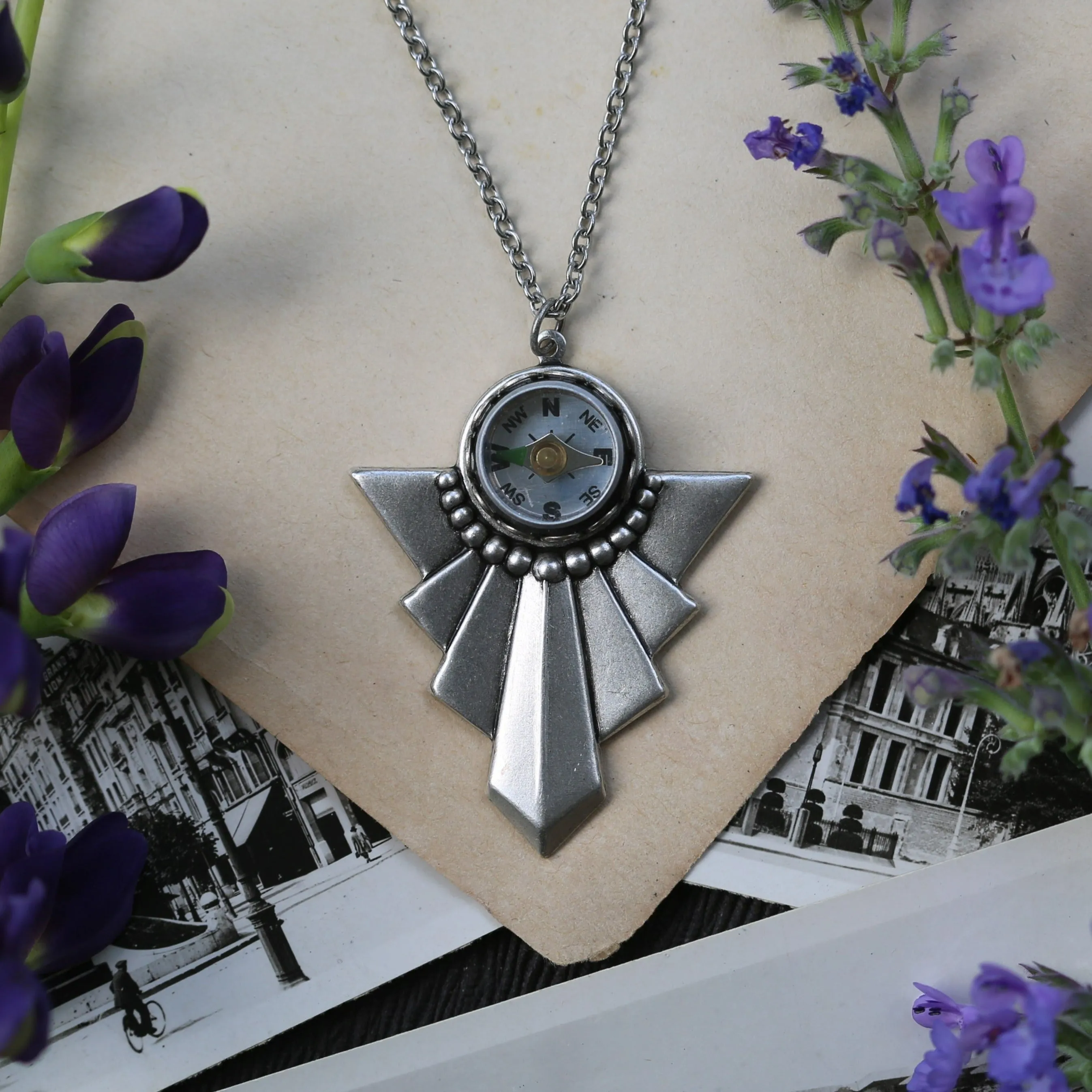 Art Deco Working Compass Necklace in Antiqued Silver