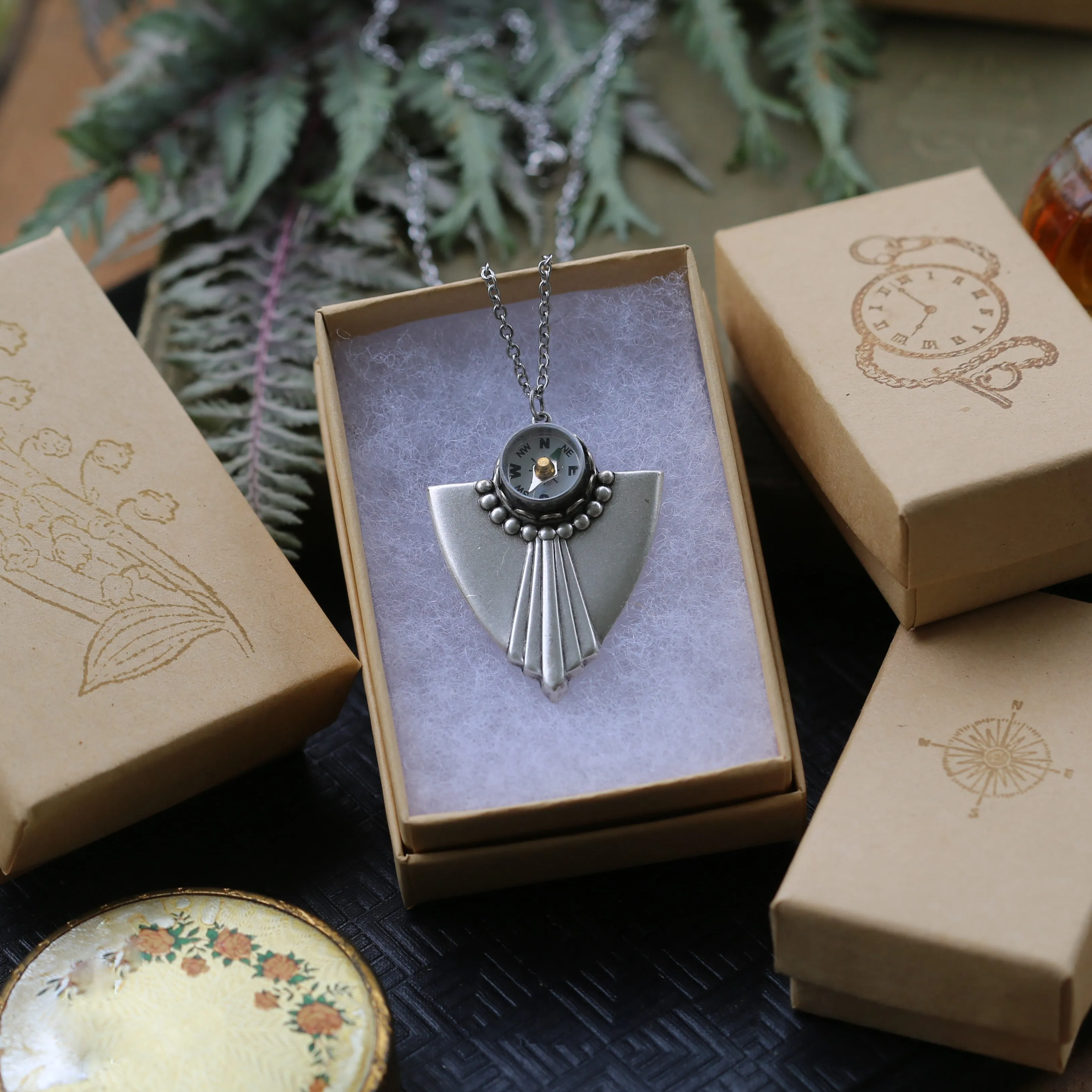 Art Deco Working Compass Necklace in Antiqued Silver