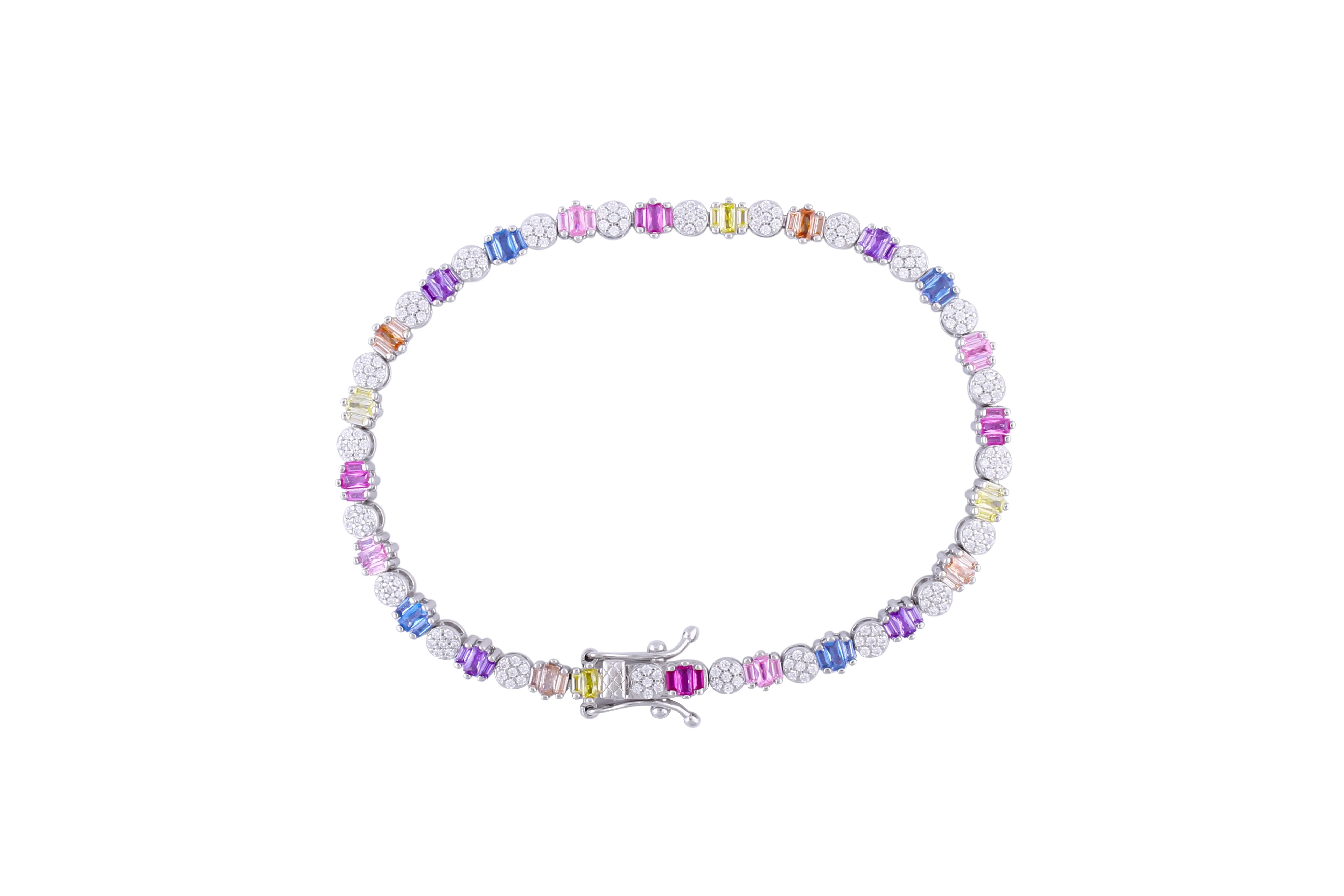 Asfour Tennis Bracelet Inlaid With Multi Color Baguette Stones In 925 Sterling Silver BR0460-K