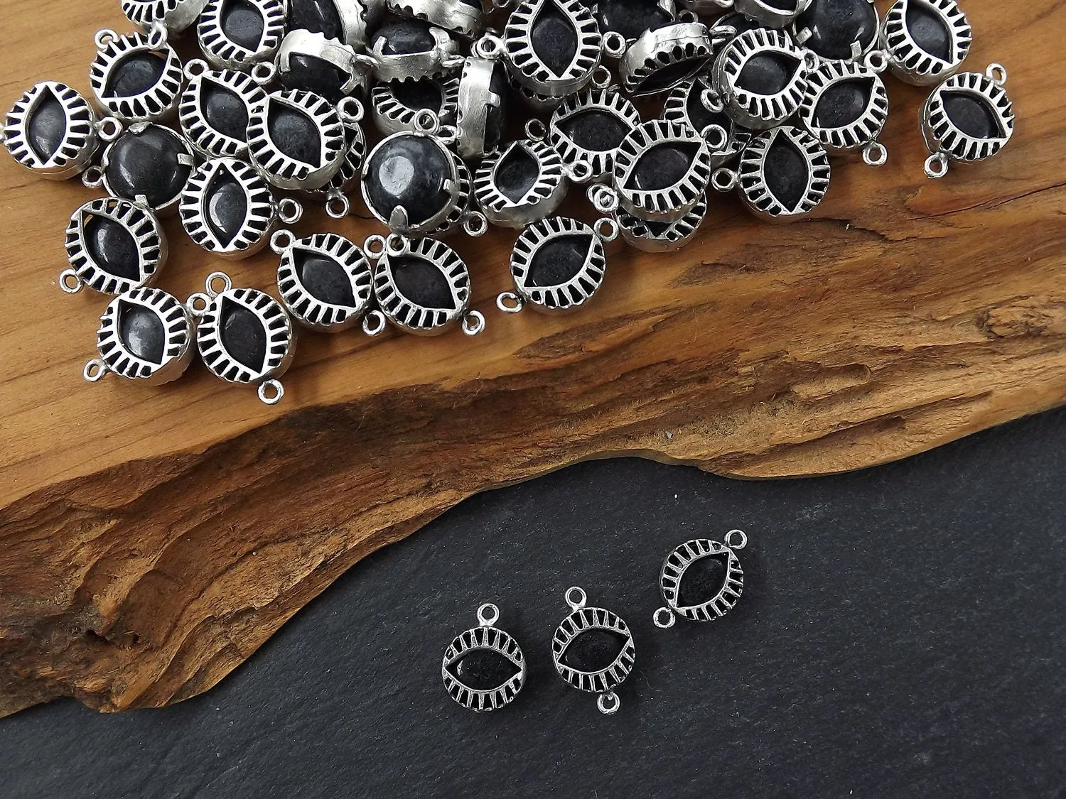 Black Evil Eye Jade Stone Pendant Charm, Evil Eye Pendant, Evil Eye Charm, Necklace Pendant, Lucky, Protective - Antique Silver Plated