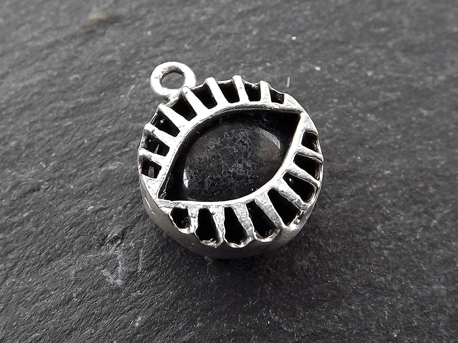 Black Evil Eye Jade Stone Pendant Charm, Evil Eye Pendant, Evil Eye Charm, Necklace Pendant, Lucky, Protective - Antique Silver Plated