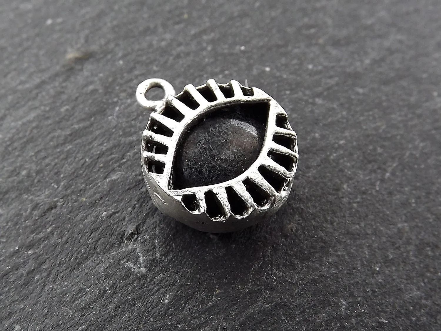 Black Evil Eye Jade Stone Pendant Charm, Evil Eye Pendant, Evil Eye Charm, Necklace Pendant, Lucky, Protective - Antique Silver Plated