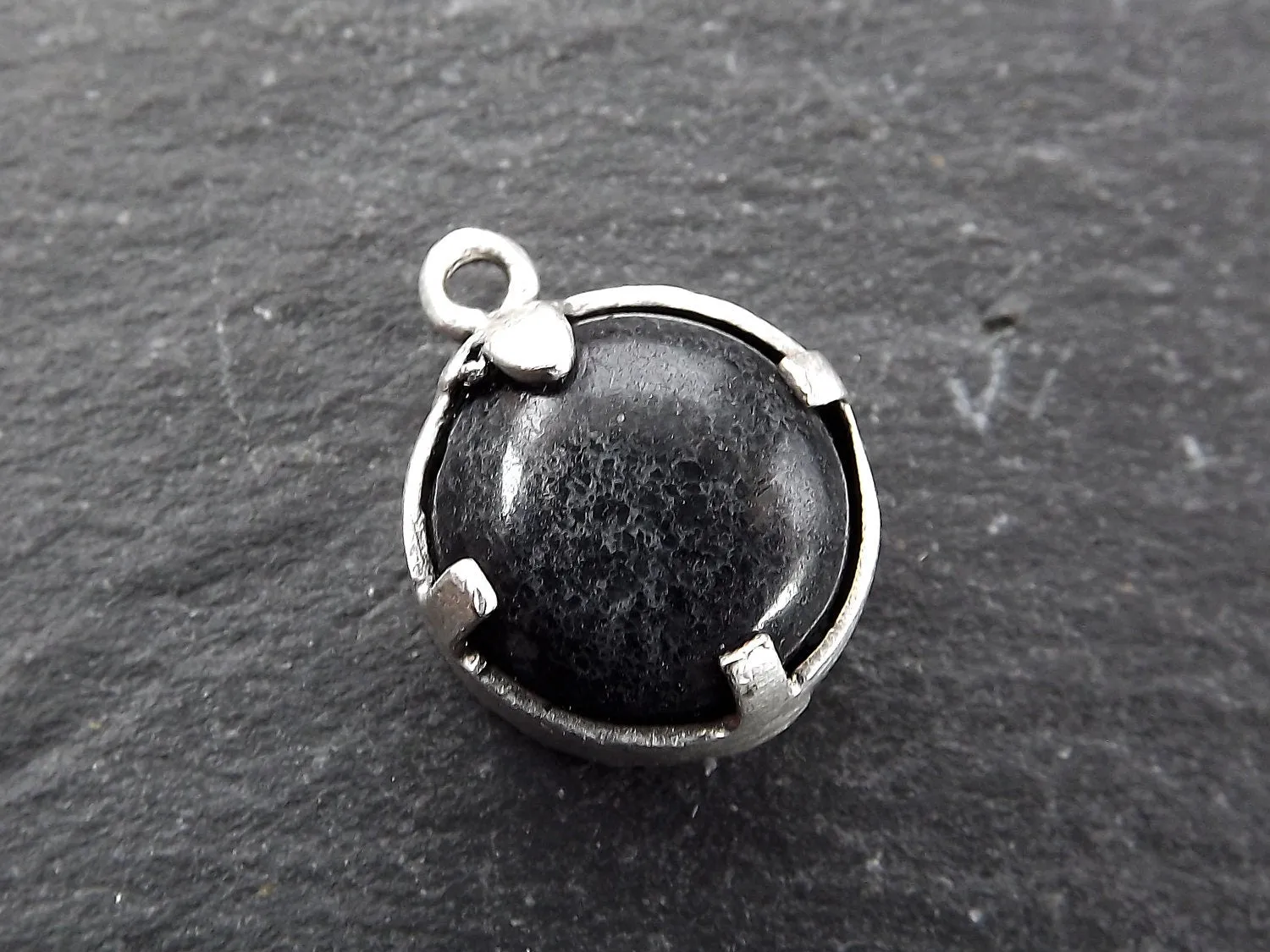 Black Evil Eye Jade Stone Pendant Charm, Evil Eye Pendant, Evil Eye Charm, Necklace Pendant, Lucky, Protective - Antique Silver Plated