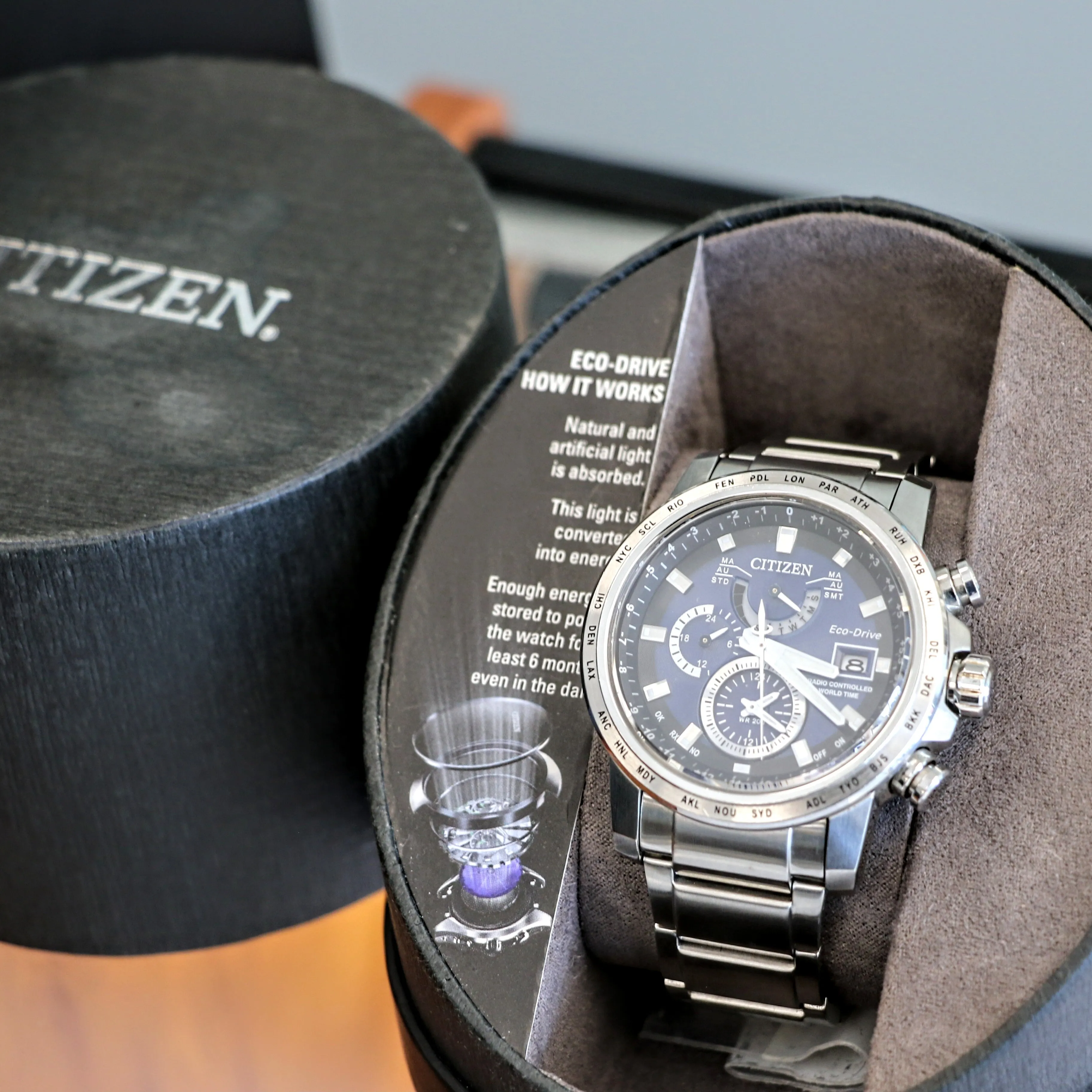 CITIZEN World Time A-T Watch Ref. AT9070-51L Eco-Drive Date Indicator Radio Controlled Wristwatch Box & Extra Links!