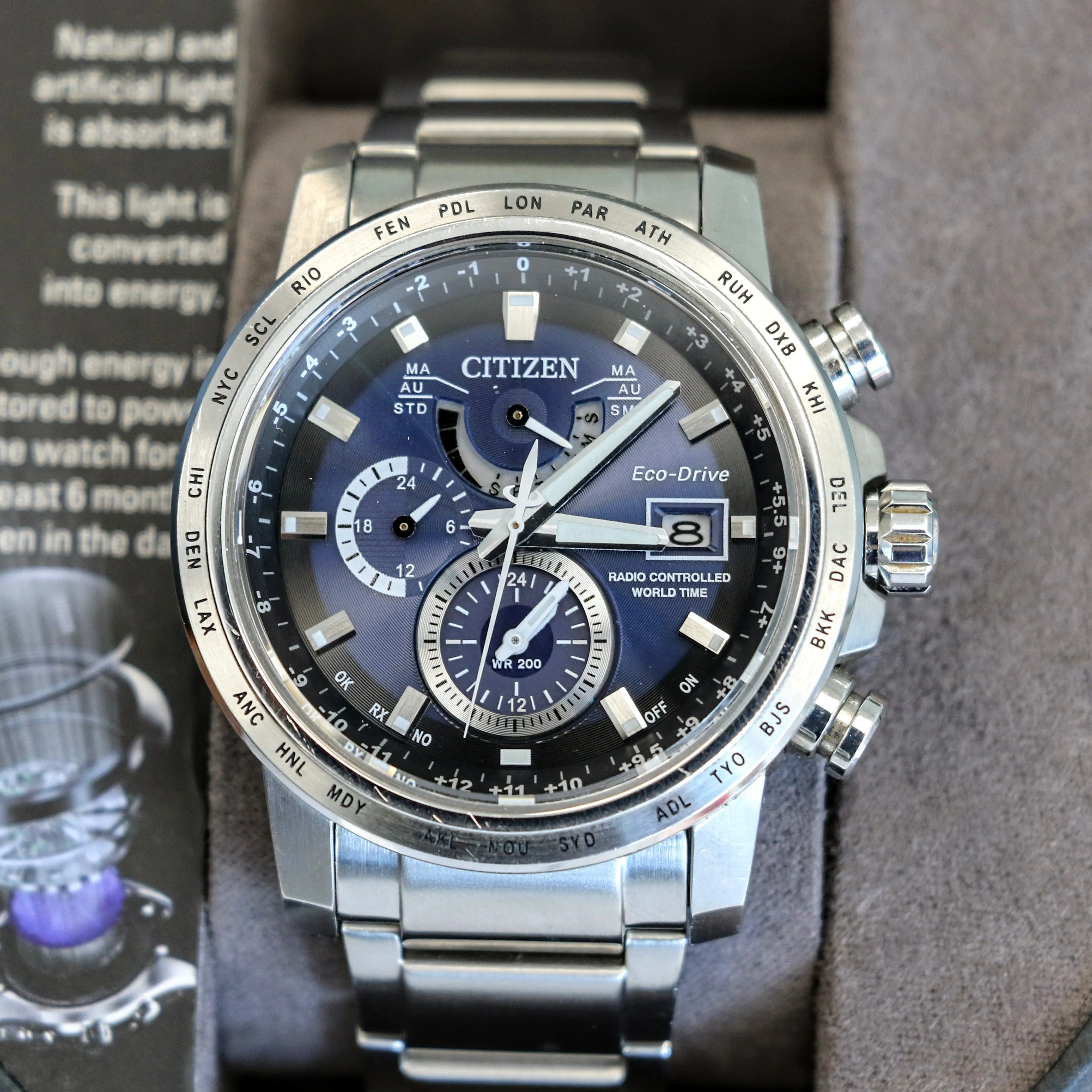 CITIZEN World Time A-T Watch Ref. AT9070-51L Eco-Drive Date Indicator Radio Controlled Wristwatch Box & Extra Links!