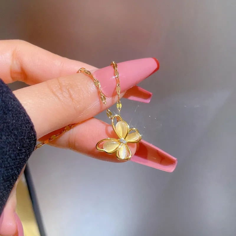 Exquisite Luxury New Women's Sweater Chain Opal Butterfly Necklace