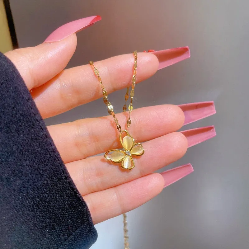 Exquisite Luxury New Women's Sweater Chain Opal Butterfly Necklace