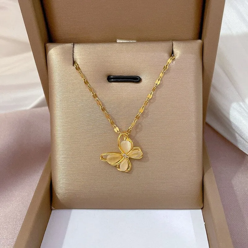 Exquisite Luxury New Women's Sweater Chain Opal Butterfly Necklace