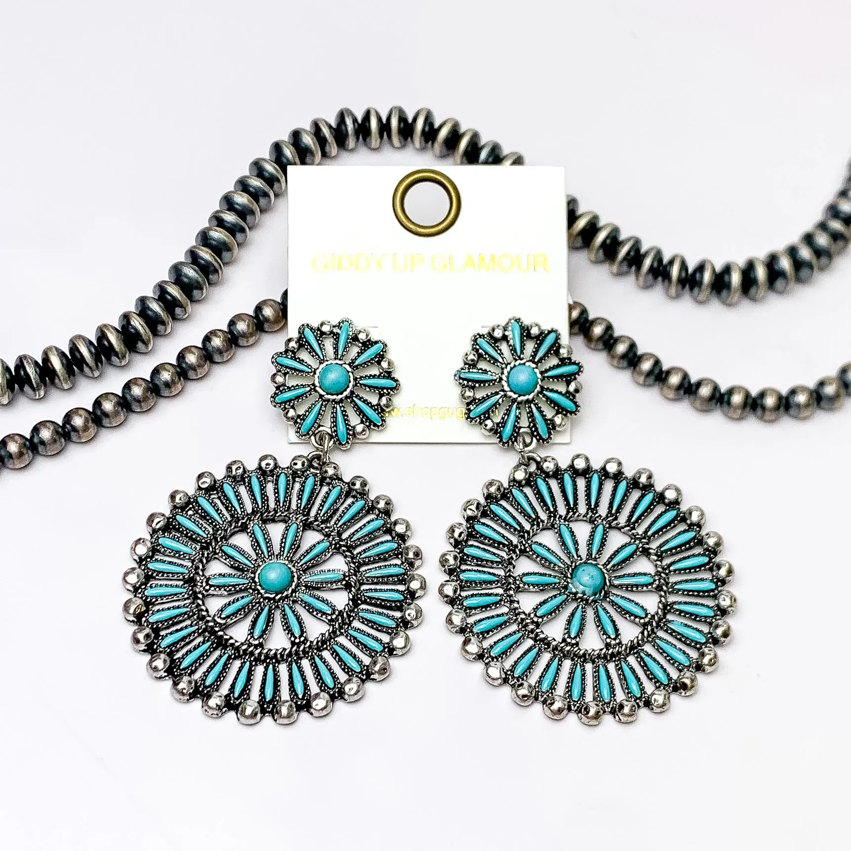 Faux Navajo Cluster Drop Silver Tone Earrings in Turquoise Blue