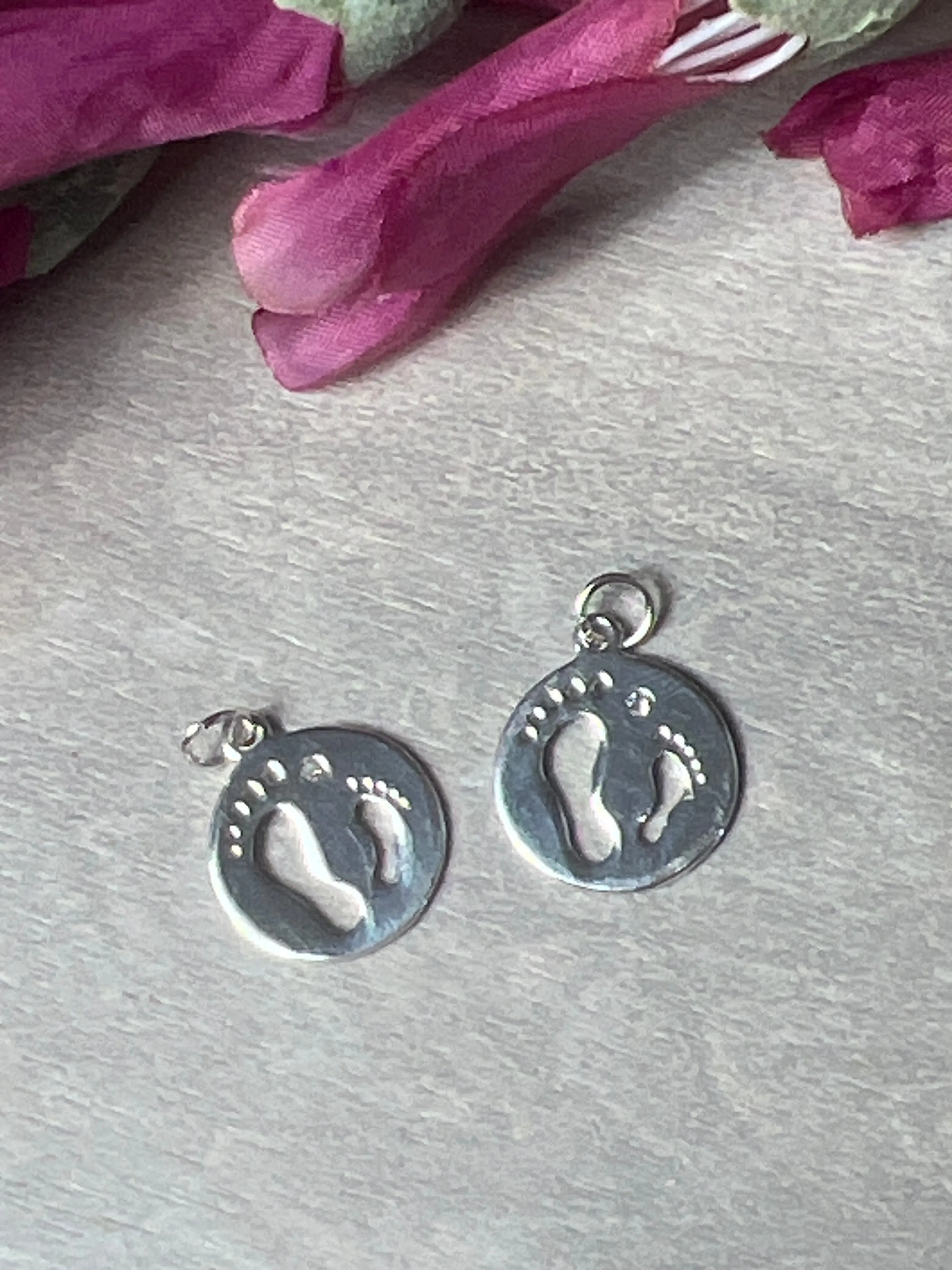 Foot Print  Feet 925 Sterling Silver Pendant Charm - New Baby / Reflexology