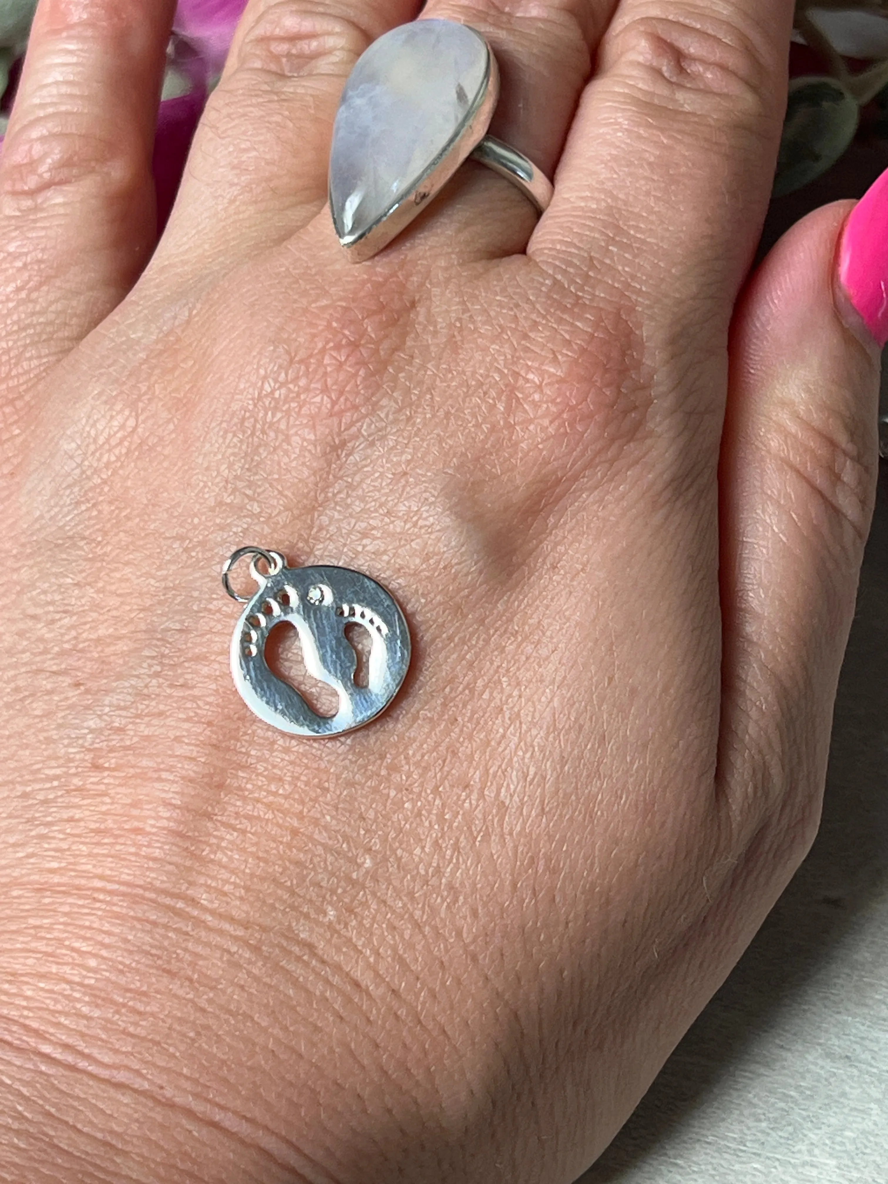 Foot Print  Feet 925 Sterling Silver Pendant Charm - New Baby / Reflexology