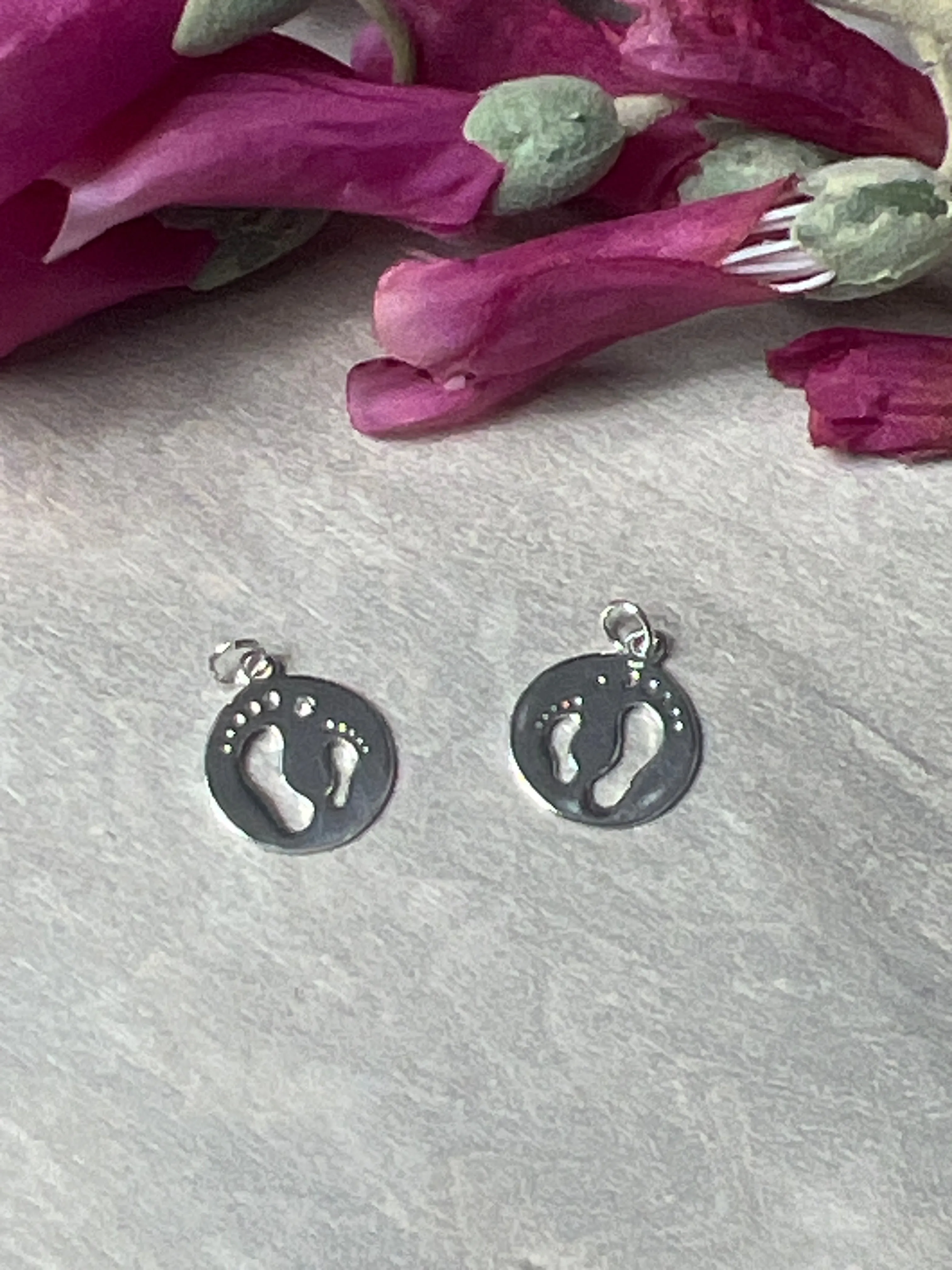 Foot Print  Feet 925 Sterling Silver Pendant Charm - New Baby / Reflexology