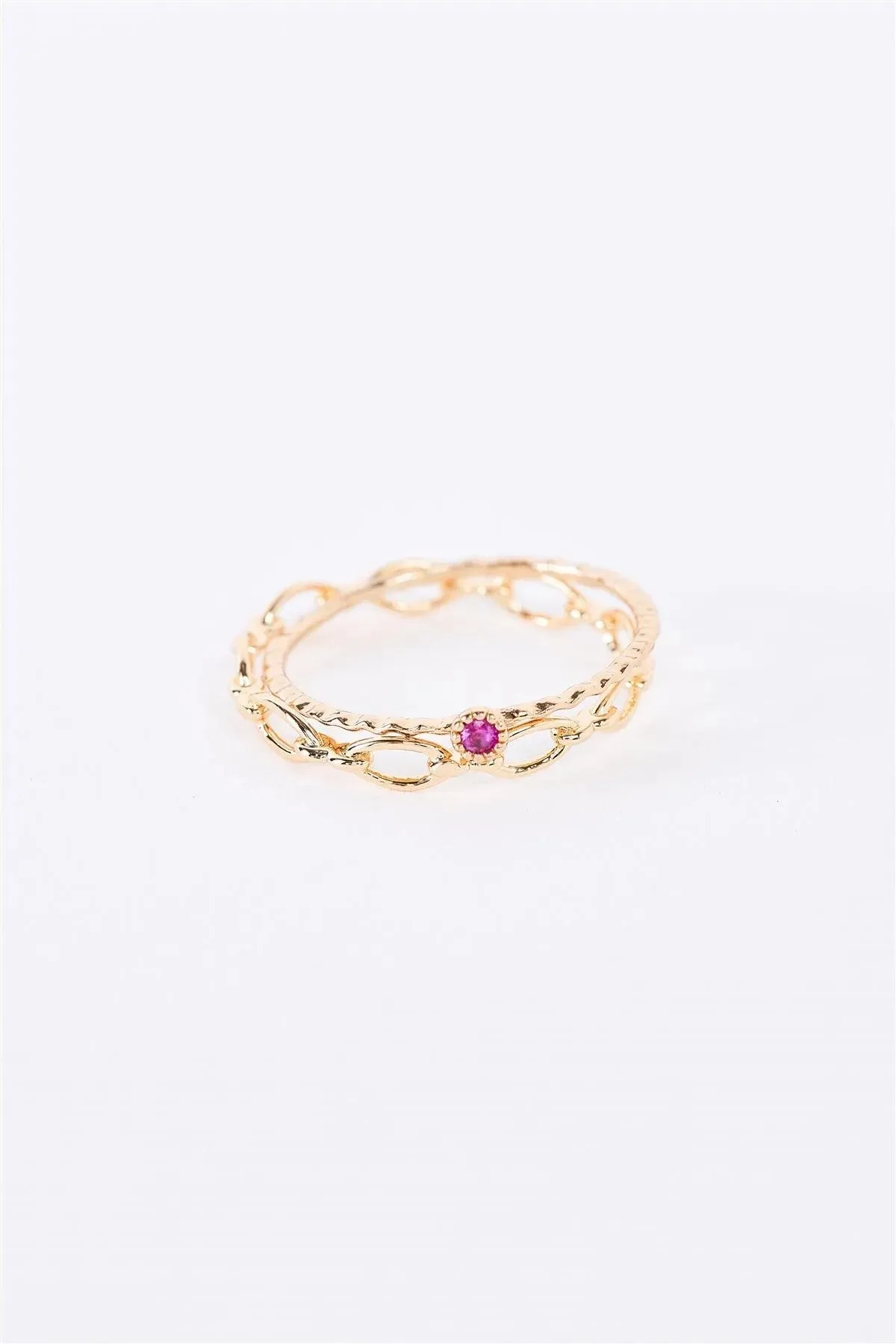 Gold Delicate Chain Link Pink Gemstone 2 Ring Set