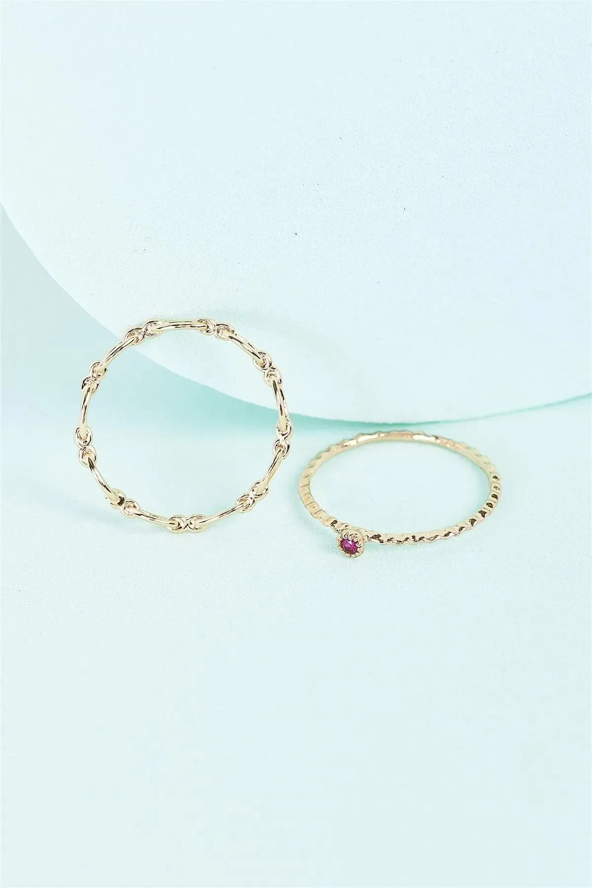 Gold Delicate Chain Link Pink Gemstone 2 Ring Set