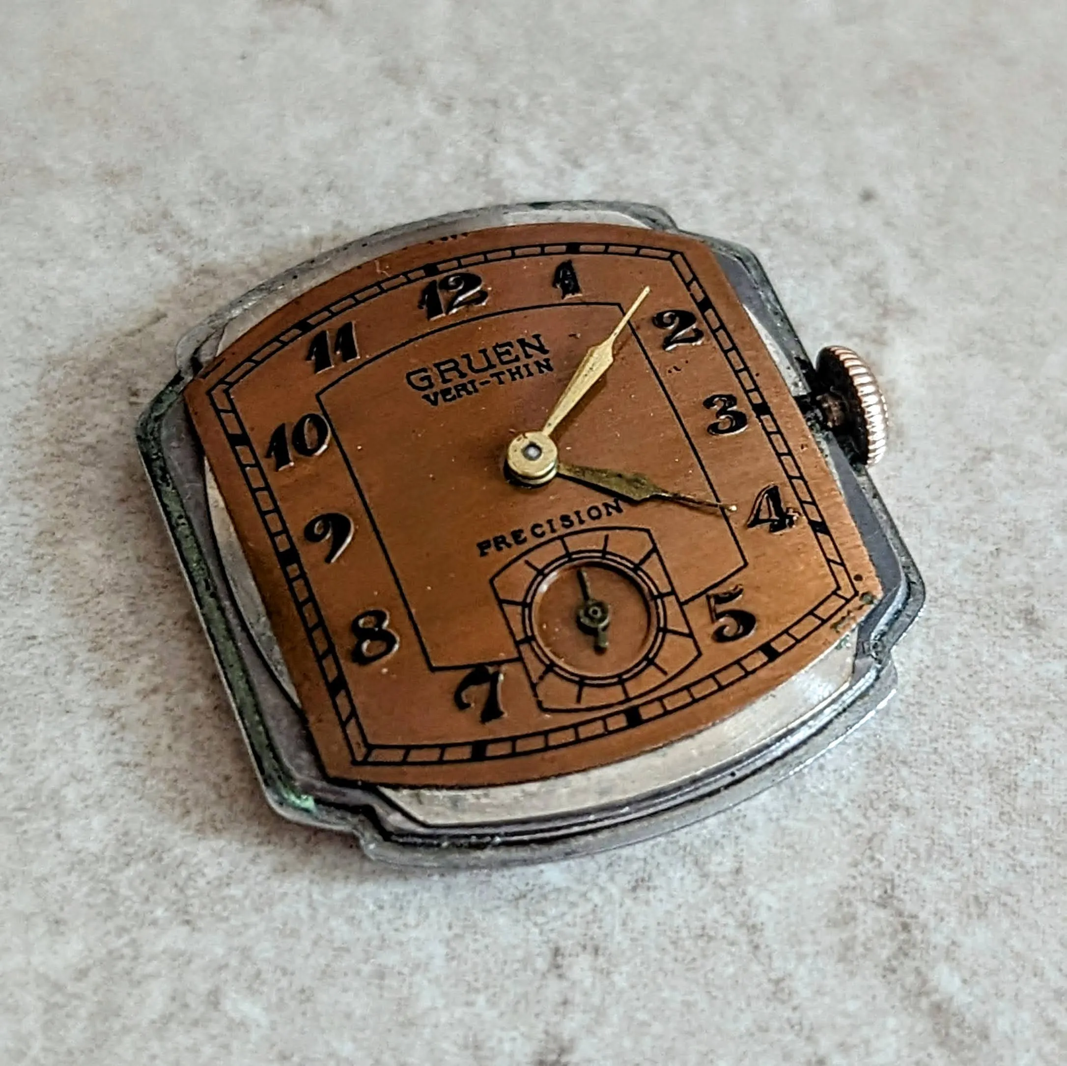 GRUEN Veri-Thin Precision Wristwatch Coral Gold Case & Dial Conoruma Movement Grade 405 Watch