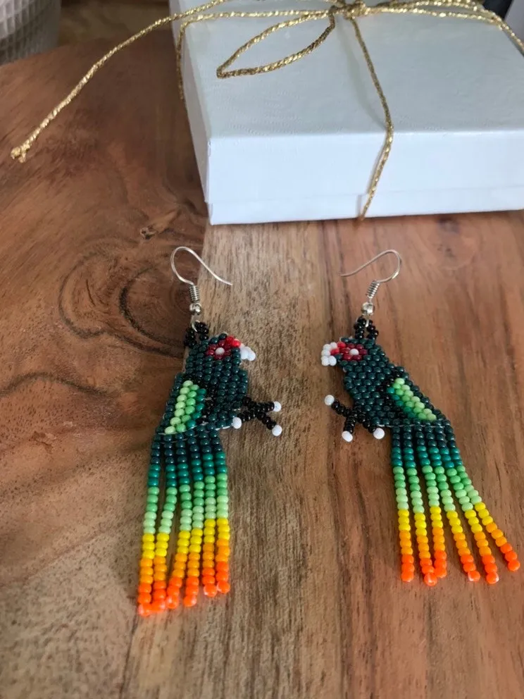 Handmade Beaded Earrings, Wixarika Beaded Earrings, Parrot Oaxaca Mexican Artisan Made, Huichol Earrings, Aretes Mexicanos / Chaquira