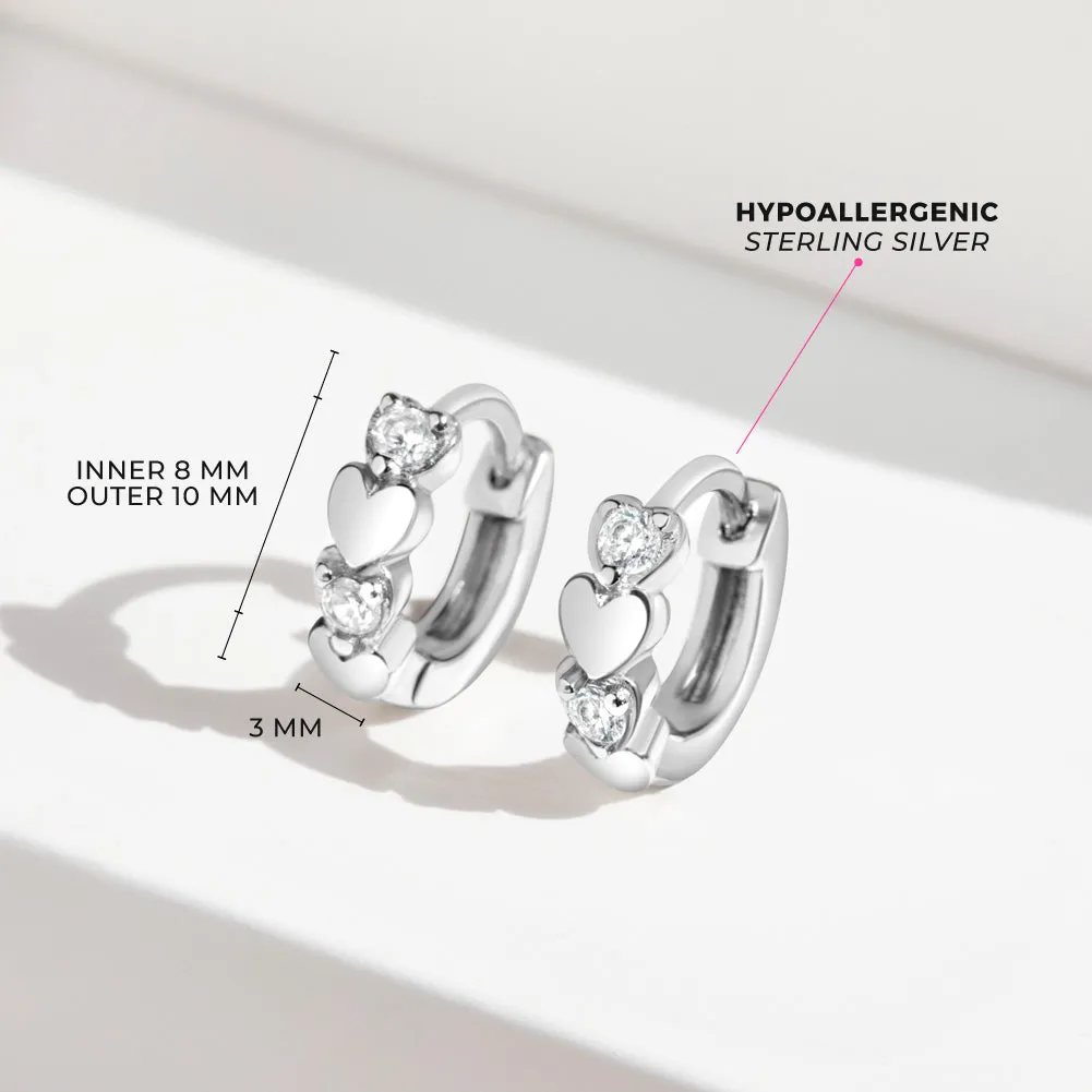 Heart & CZ Cascade 9mm Kids / Children's / Girls Earrings Hoop/Huggie Safety Latch - Sterling Silver