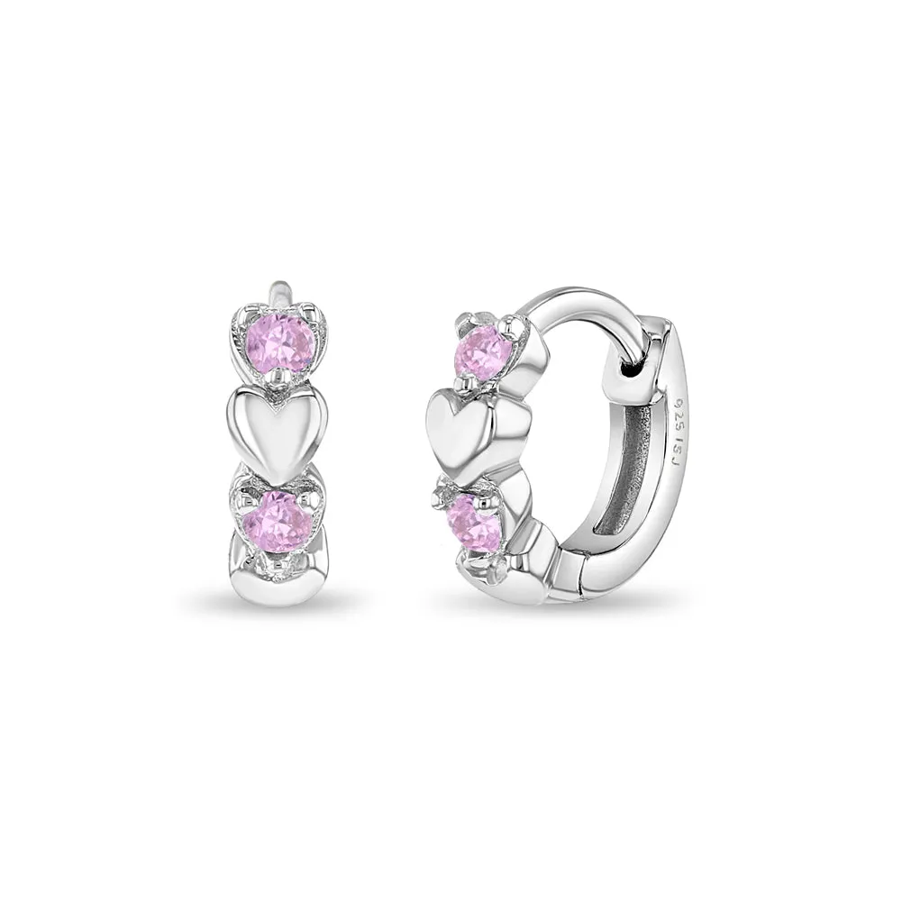 Heart & CZ Cascade 9mm Kids / Children's / Girls Earrings Hoop/Huggie Safety Latch - Sterling Silver