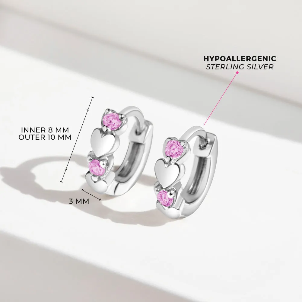 Heart & CZ Cascade 9mm Kids / Children's / Girls Earrings Hoop/Huggie Safety Latch - Sterling Silver
