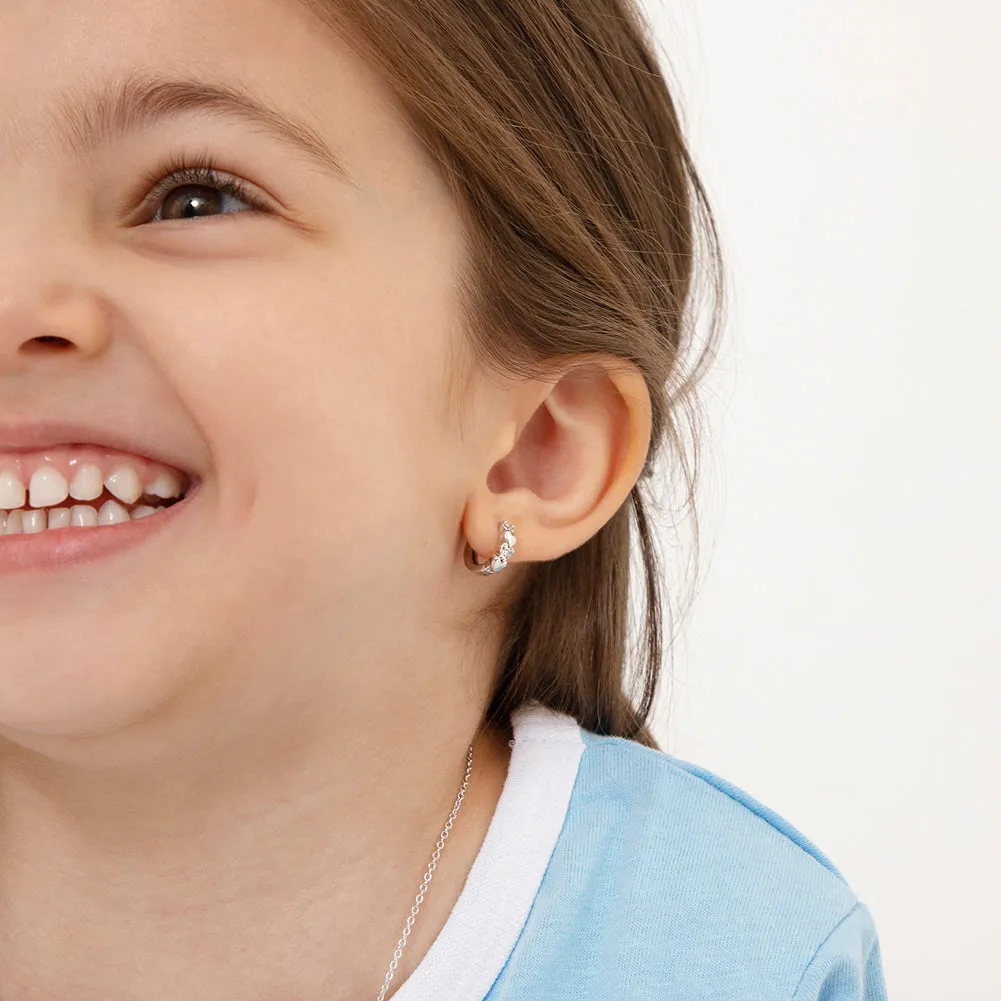 Heart & CZ Cascade 9mm Kids / Children's / Girls Earrings Hoop/Huggie Safety Latch - Sterling Silver